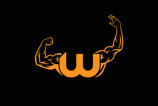 Letter W Logo With muscular open  Back Double Biceps shape. Fitness Gym logo.