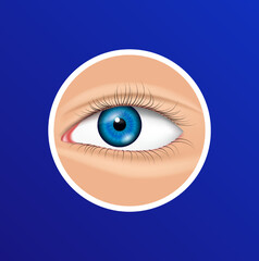 Healthy eye. Label for nutrition products food logo template design. Isolated realistic on blue background. Medical scientific concepts. Vector illustration. Medical food supplement concepts.