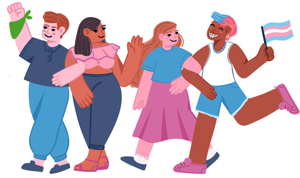 Cuatro amigues caminando con la bandera trans y un pa&ntilde;uelo verde