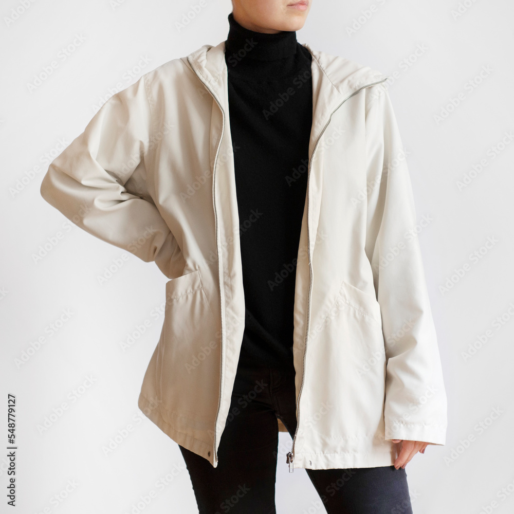 Sticker woman wearing light oversized jacket, black turtleneck and black trousers isolated on white backgrou