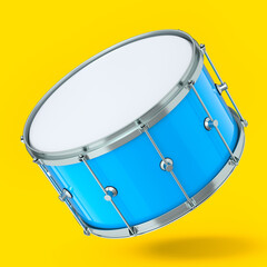 Realistic drum on yellow background. 3d render concept of musical instrument