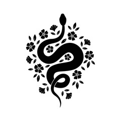 Abstract silhouette of wriggling snake and field of flowers and leaves. Black tattoo vintage vector wild animal reptile