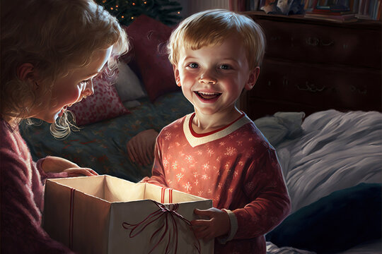 Child Opening Presents on Christmas Morning, AI Generated Illustration