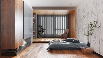 Minimalist wooden bedroom in white and gray tones. Bed with pillows and fireplace. Wallpaper and parquet floor. Japandi interior design