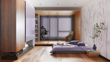 Naklejka na ściany i meble Minimalist wooden bedroom in white and purple tones. Bed with pillows and fireplace. Wallpaper and parquet floor. Japandi interior design