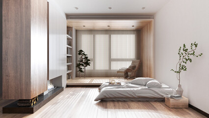 Minimalist bleached wooden bedroom in white and beige tones. Bed with pillows and fireplace. Wallpaper and parquet floor. Japandi interior design