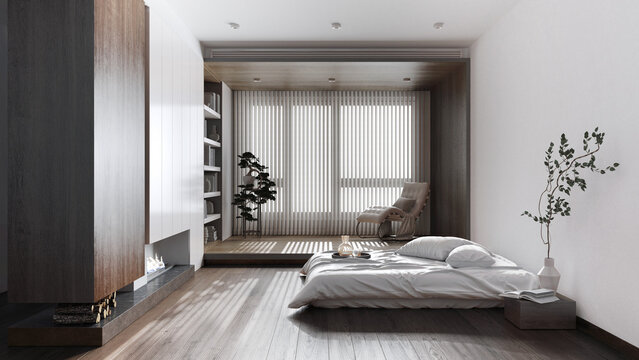 Minimalist wooden bedroom in white and dark tones. Bed with pillows and fireplace. Wallpaper and parquet floor. Japandi interior design