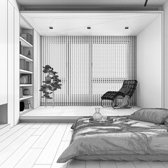 Blueprint unfinished project draft, japandi wooden bedroom. Bed with pillows and decors. Parquet floor and bookshelf. Minimalist modern interior design