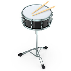 Realistic drum and wooden drum sticks and stand on white background