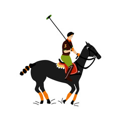 Man and horse athletes with sport facilities flat vector illustration.Fun player of polo with horse hand drawn character isolated on white background.Childish t-shirt print design.
