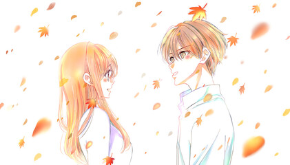 向かい合う男女カップル　紅葉