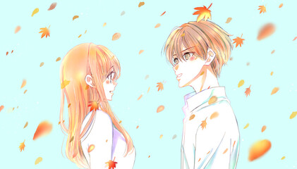 向かい合う男女カップル　紅葉