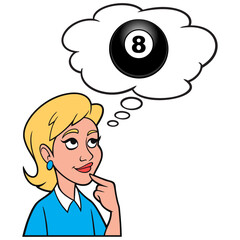 Girl thinking about an Eight Ball - A cartoon illustration of a Girl thinking about an Eight Ball.