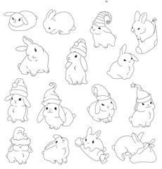 Set of rabbits on a white background. Holiday hats. 