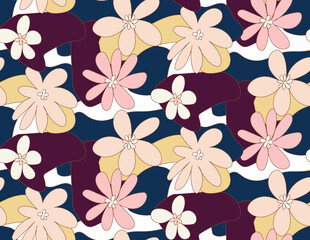 Fototapeta premium Abstract Hand Drawn Retro Florals Spring Concept Sweet Daisy Flowers Seamless Pattern Perfect for Allover Fabric Print or Wrapping Paper