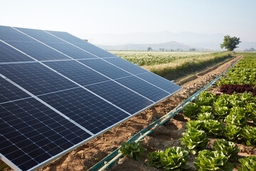A lettuce field irrigated with solar energy in Turkey. A large area where lettuce is grown. Growing...