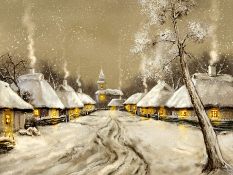Digital oil paintings rural landscape, winter in the old village. Fine art, artwork