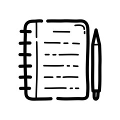 Notebook and pen doodle icon. Hand drawn symbol. Vector illustration.