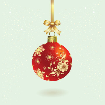 Merry Christmas and Happy New Year. Realistic Christmas ball with golden pattern and bow on light background for greeting card, poster, holiday background