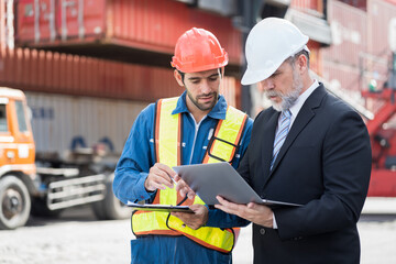 Two male container yard workers discuss of container boxes from cargo freight ship at commercial dock site. Container boxes transportation or delivery goods concept