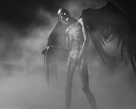 3d illustration of a sinister emaciated figure with wings and glowing eyes walking through fog