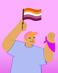 Persona no binaria levantando la bandera lésbica con un pañuelo morado en su mano - obrazy, fototapety, plakaty
