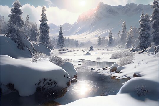 Abstract Winter Christmas background with heavy snowfall, snowflakes in different shapes and forms, snowdrifts. Ice. Winter themed scenes. Beautiful snow. 3d Illustration.
