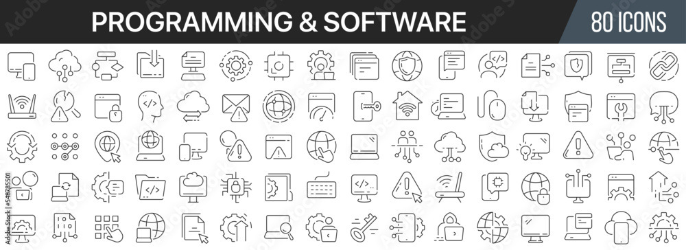 Poster Programming and software line icons collection. Big UI icon set in a flat design. Thin outline icons pack. Vector illustration EPS10
