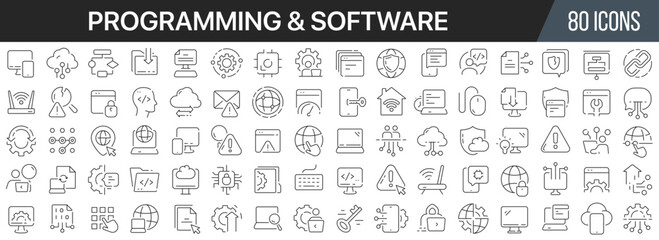 Fototapeta na wymiar Programming and software line icons collection. Big UI icon set in a flat design. Thin outline icons pack. Vector illustration EPS10