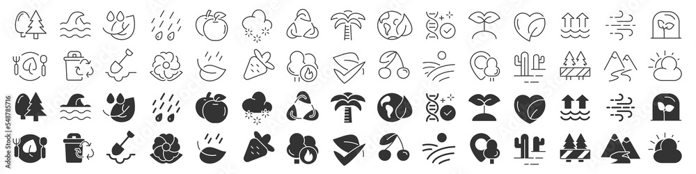 Poster Bio and nature line excellent icons collection in two different styles. Thin outline icons pack. Vector illustration eps10