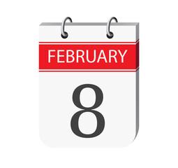 8 february calendar page vector. 3d one day calendar date appointment, event reminder illustration. Abstract three dimensional daily date calendar.