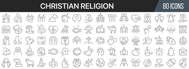 Christian religion line icons collection. Big UI icon set in a flat design. Thin outline icons pack. Vector illustration EPS10 - obrazy, fototapety, plakaty