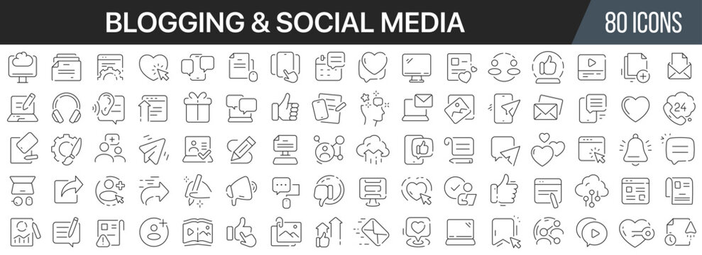 Blogging and social media line icons collection. Big UI icon set in a flat design. Thin outline icons pack. Vector illustration EPS10