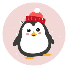 Sticker of a cute penguin in a red cap with snow
