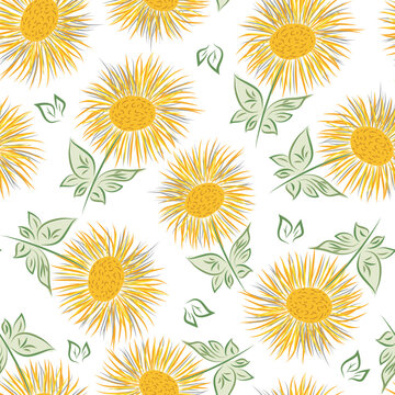 Inula flower seamless vector pattern background. Perennial cottage garden flowers yellow green backdrop. Giant Fleabane painterly geometric design. Maximalist cottagecore for summer, packaging
