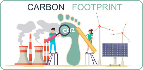 Carbon footprint concept. Carbon dioxide emissions in the air. People measuring the carbon effect on ecosystem. Environmental pollution. Nature protection. Sustainable energy. Flat vector illustration