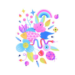 Bright psychedelic composition of fish, snake, flowers, ladybug, berries, rainbow isolated on white background. Contemporary Art. Magical and summer mood. Cover of notebook, print on t-shirt, poster