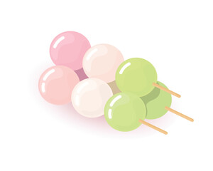 Dango japanese sweet dumpling dessert. Pink, white, green 3 balls served on skewer. Asian food. Vector illustration, flat style isolated on white background