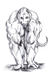 Illustration of a very big and muscular werewolf wearing a necktie