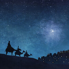 Three kings (also known as the wise men or magi)  follow the star of Bethlehem to meet the newborn King, Jesus Christ. Image  rectangle format, painterly illustration style.