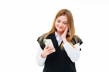  blonde with a smartphone in hand on a white background. a dating site.
