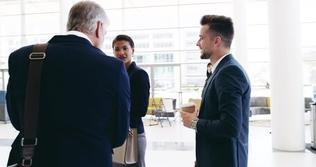 Business people, diversity and talking in conference collaboration, teamwork workshop or networking seminar. Mature ceo, leadership and corporate manager, man and woman in tradeshow strategy planning