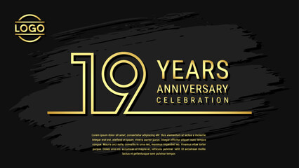 Naklejka premium 19th Anniversary Celebration, Golden Anniversary logo design in double line style isolated on black background. Vector Template Illustration