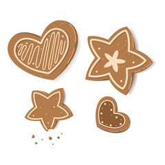 Gingerbread Cookie. Winter homemade sweets in the form of stars and hearts. Flat, cartoon vector illustration.