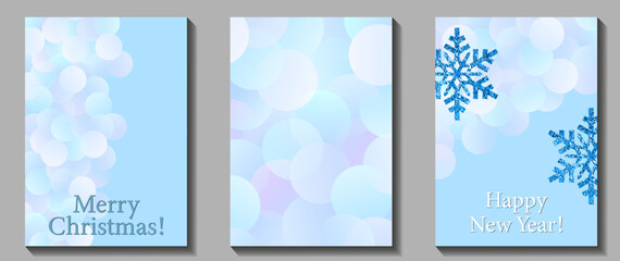 Christmas set vector art background with blue snowflakes and blur light for cards. Holiday pastel color template for cover design, flyer, poster. Merry Christmas! Happy New Year! Winter backdrop.