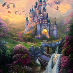 Fototapeta na wymiar Fairy castle illustration, fantasy art