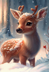 christmas illustration deer in snow - obrazy, fototapety, plakaty