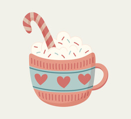 Hot chocolate with pink sweet cream, toppings and candy in cute ornamented with hearts tea cup. Christmas and winter mood. Can be used for icons, stickers, cards. Vector illustration.