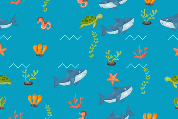 Fish and wild marine animals pattern. Seamless background with cute marine fishes, smiling shark characters and sea underwater world vector nautical wallpaper  