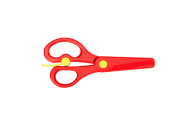 top view of a pair of red colored plastic scissors isolated on white background with clipping path.